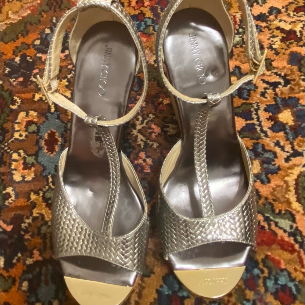 Jimmy Choo Pela Silver T-Strap Cork Platform Wedge Sandal Size 41 - Picture 8 of 16